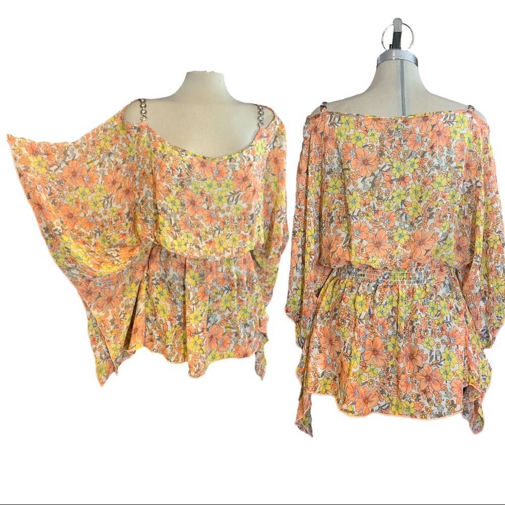Streetwear Beautiful Yellow Multi Colour Floral Wide Butterfly Top Size M